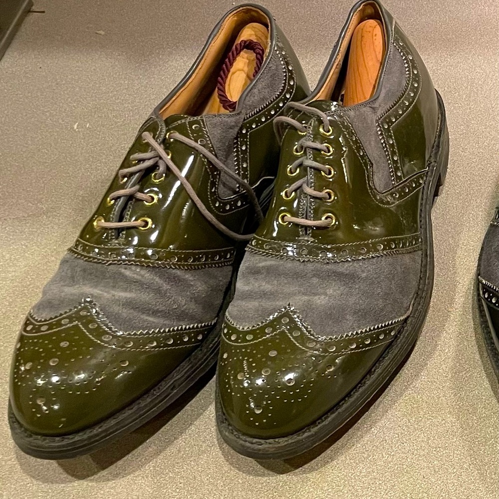 Bostonian Golf Shoes (spikes); two-toned gray/green, patent leather/suede; 9.5